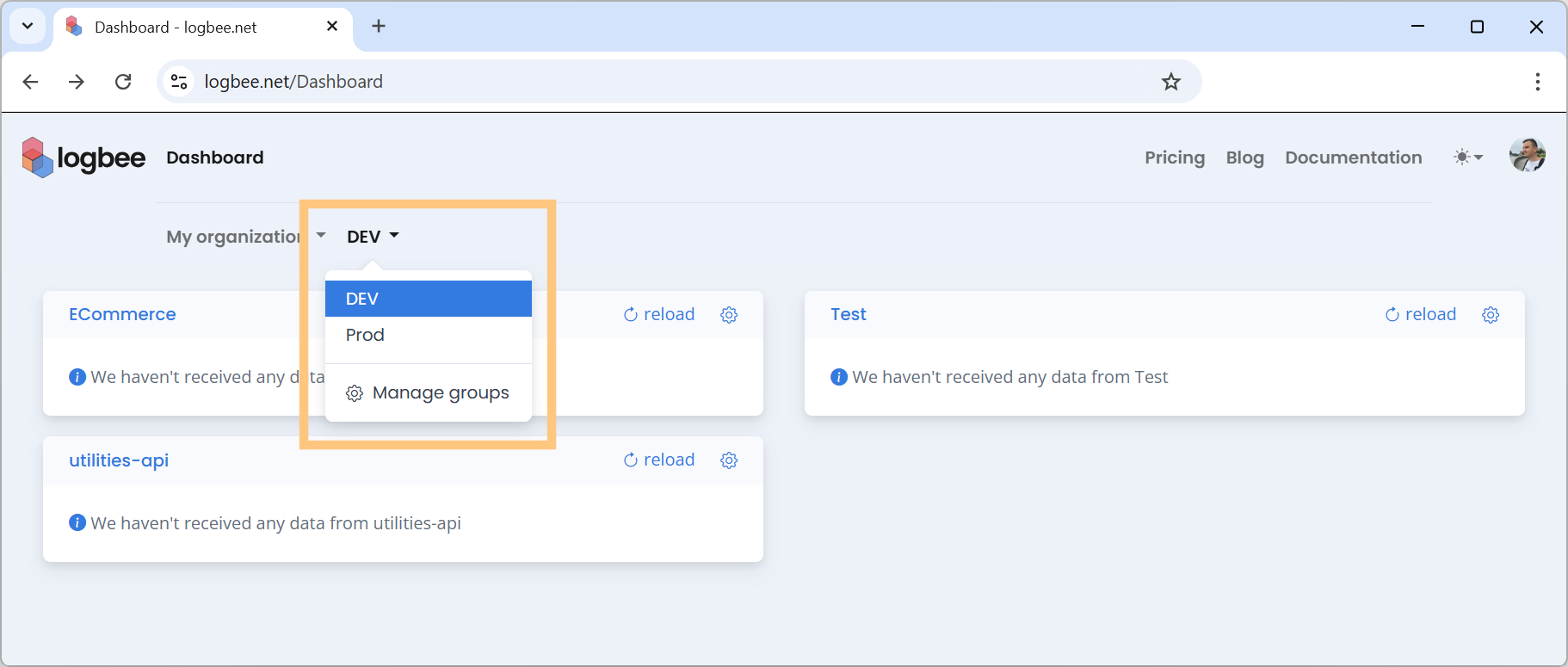 Application groups in the dashboard