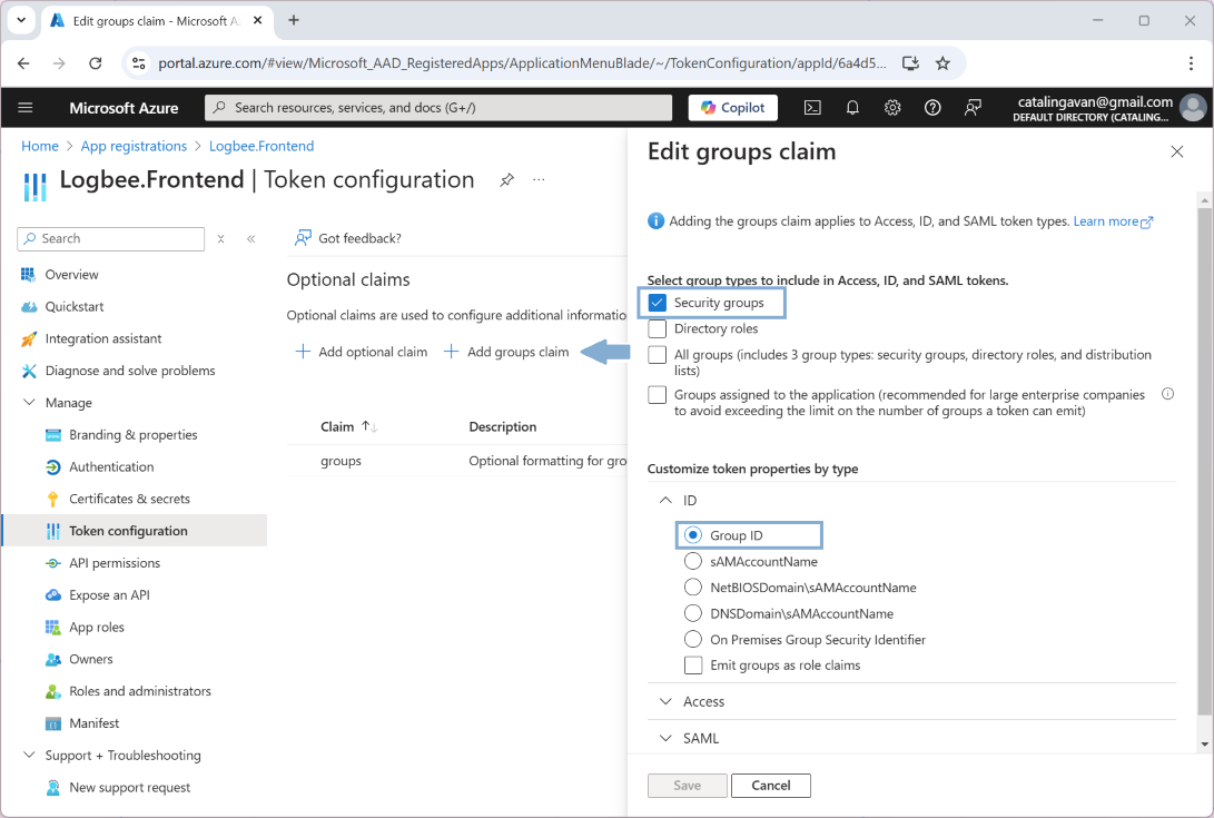 App registration \ Token configuration