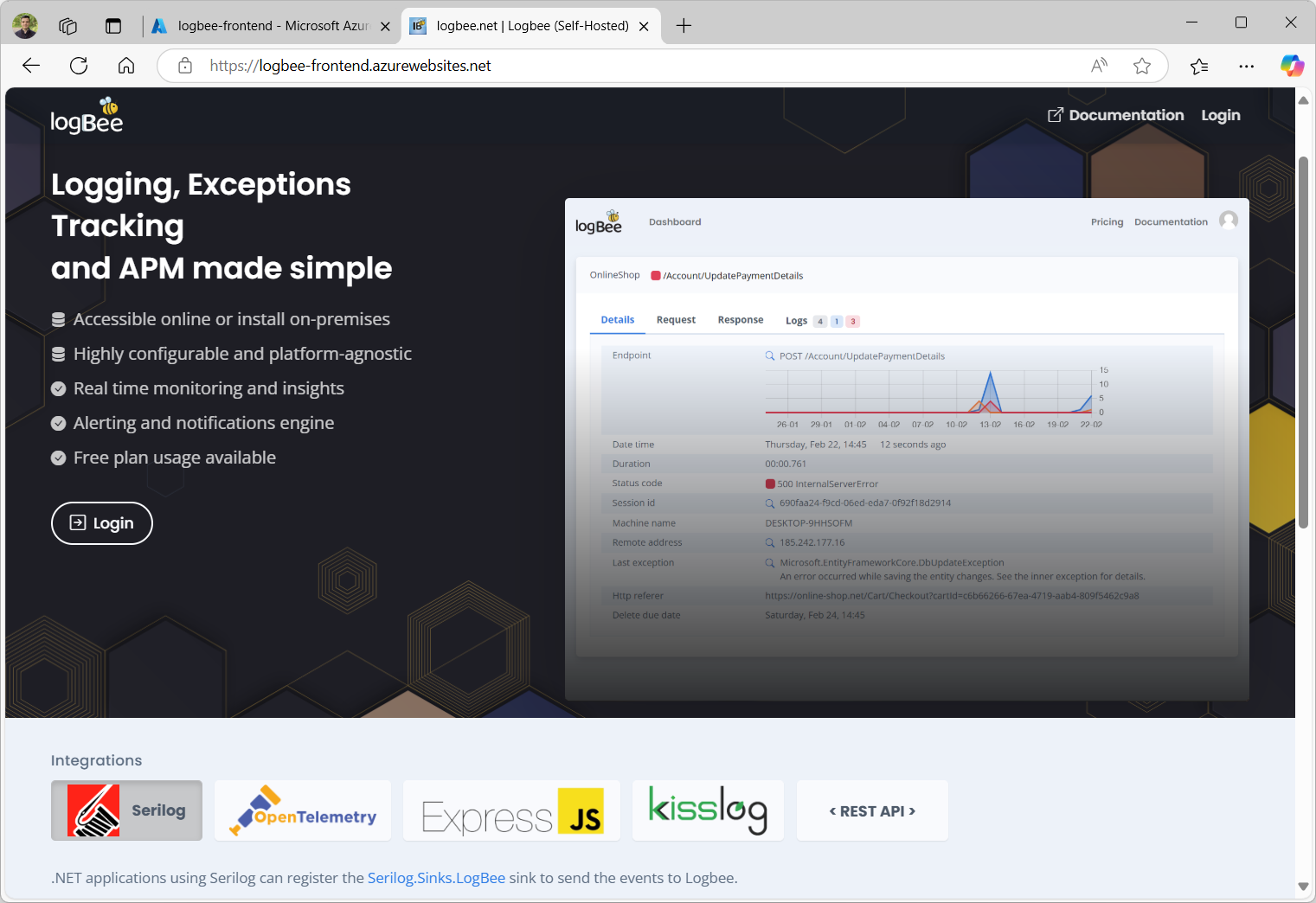 Logbee.Frontend App Service running