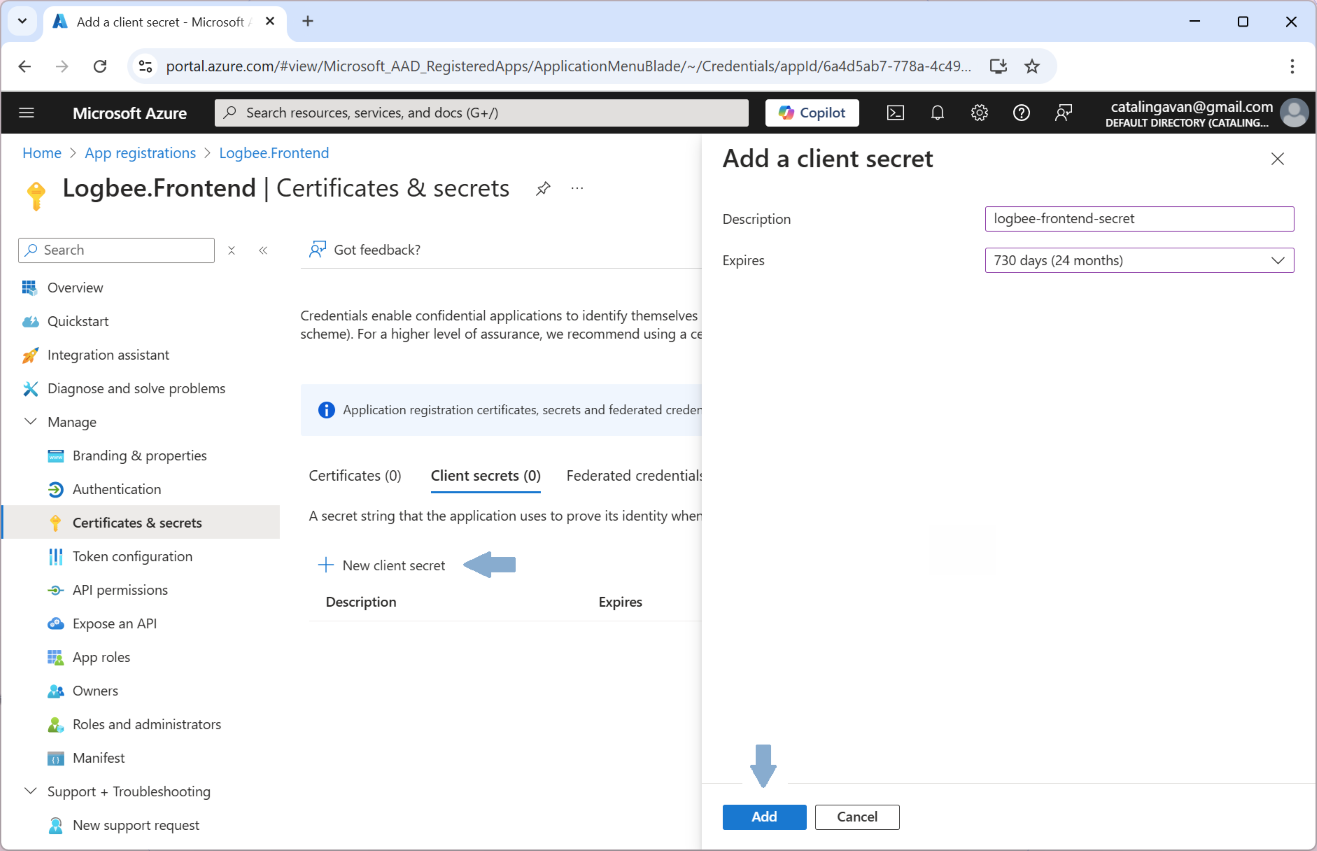 App registration create Secret